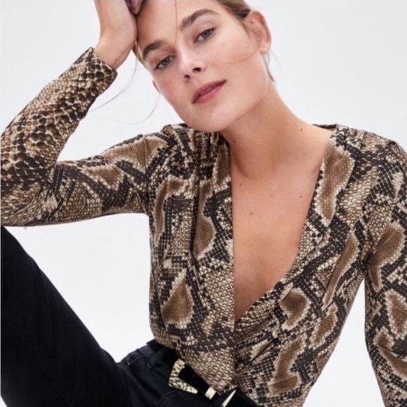 Zara Long Sleeve Brown Snakeskin Body Suit - Picture 4 of 7